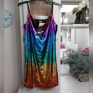 DKNY Rainbow Sequin Cocktail Dress M NWT